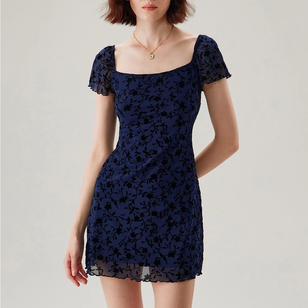 Rihoas Blue Floral Square Neck Mesh Mini Dress